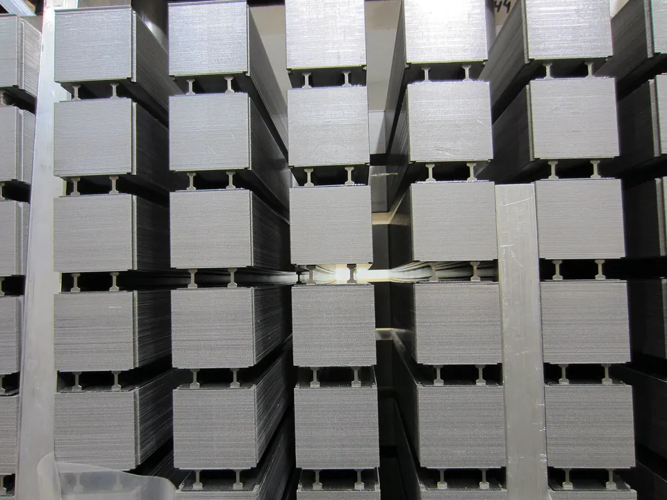 Laminated sections and ventilation slots of a generator stator core during assembly.