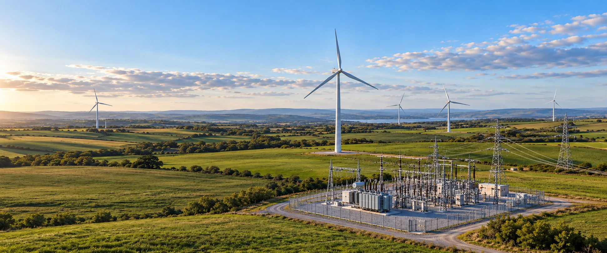 AI-generated illustration of a wind farm with transformers, a collector substation and overhead transmission lines.