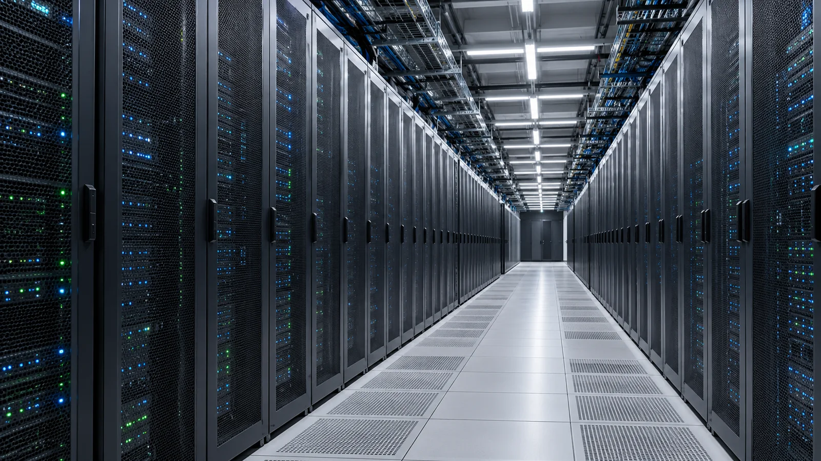 AI-generated illustration of a modern data-center aisle with dark server cabinets, overhead cable trays and a raised floor.