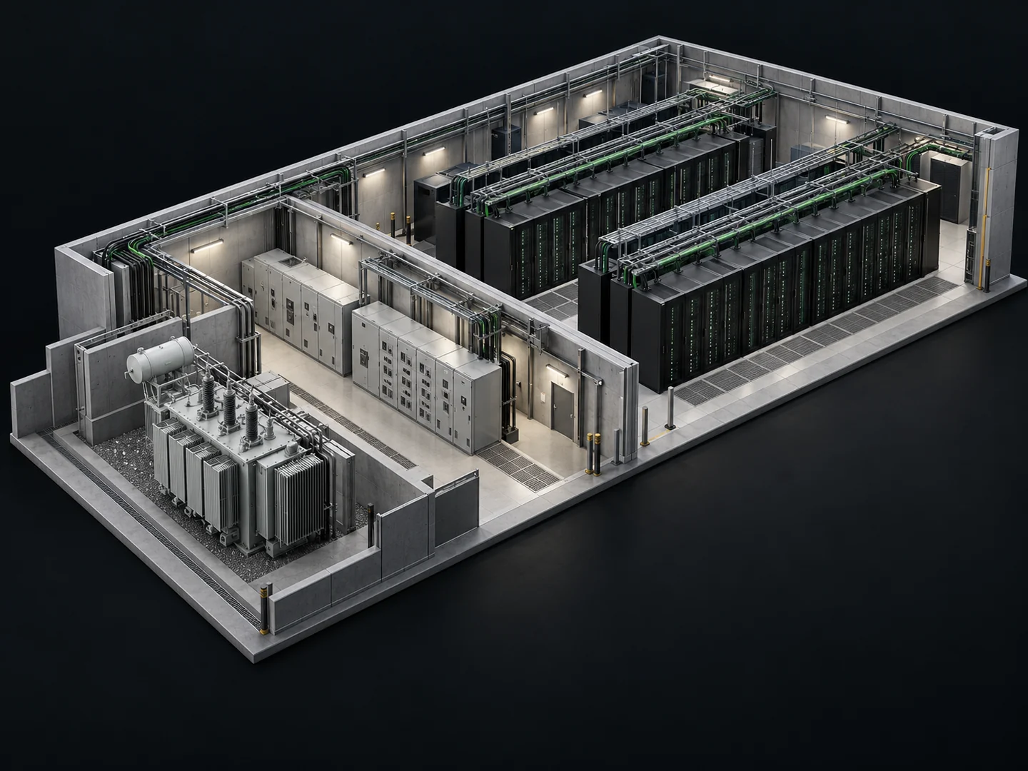 AI-generated architectural cutaway of a data hall with server cabinets, adjacent electrical switchgear and a transformer.
