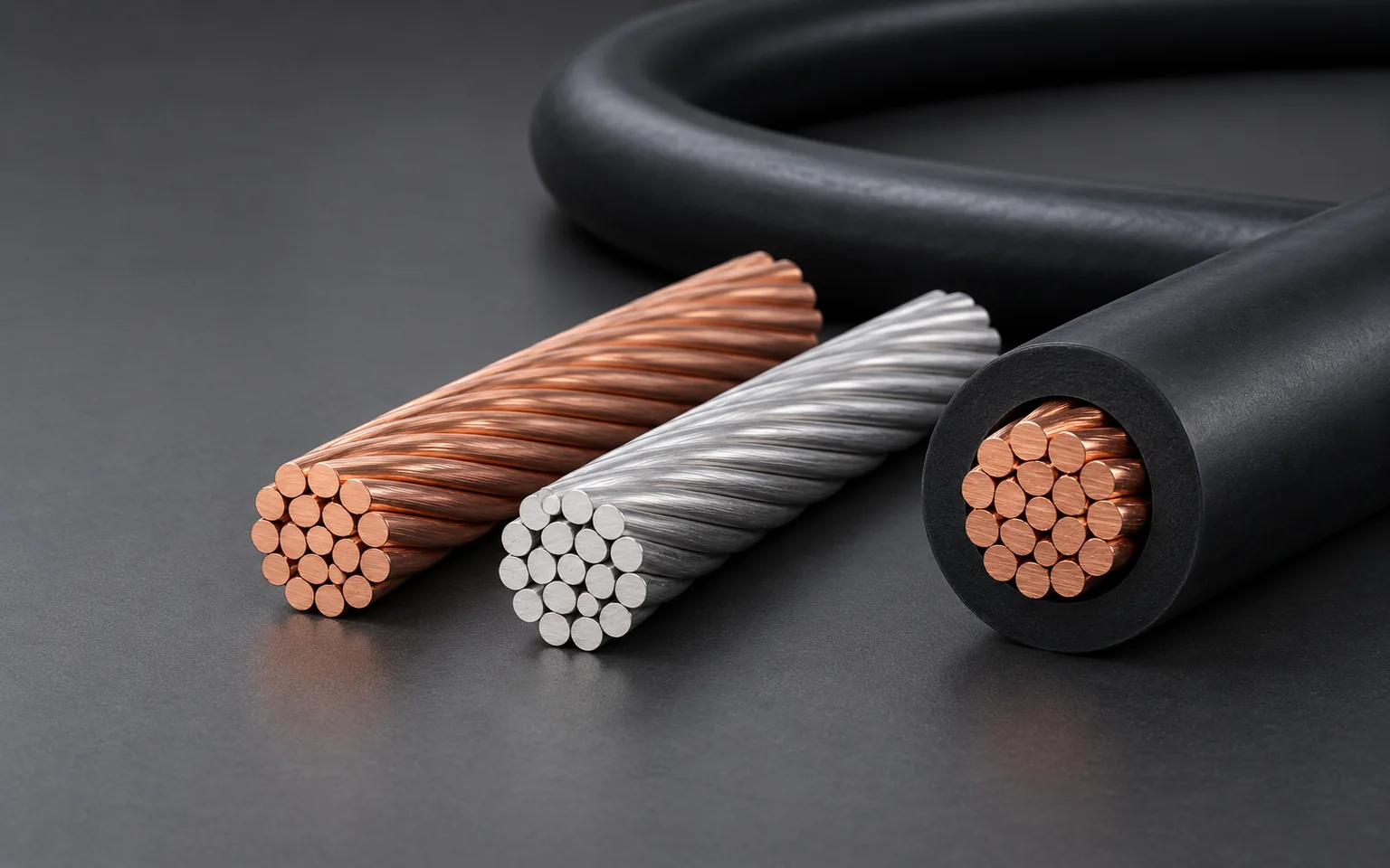 AI-generated illustration of bare copper and aluminum stranded conductors beside a black-jacketed power cable.