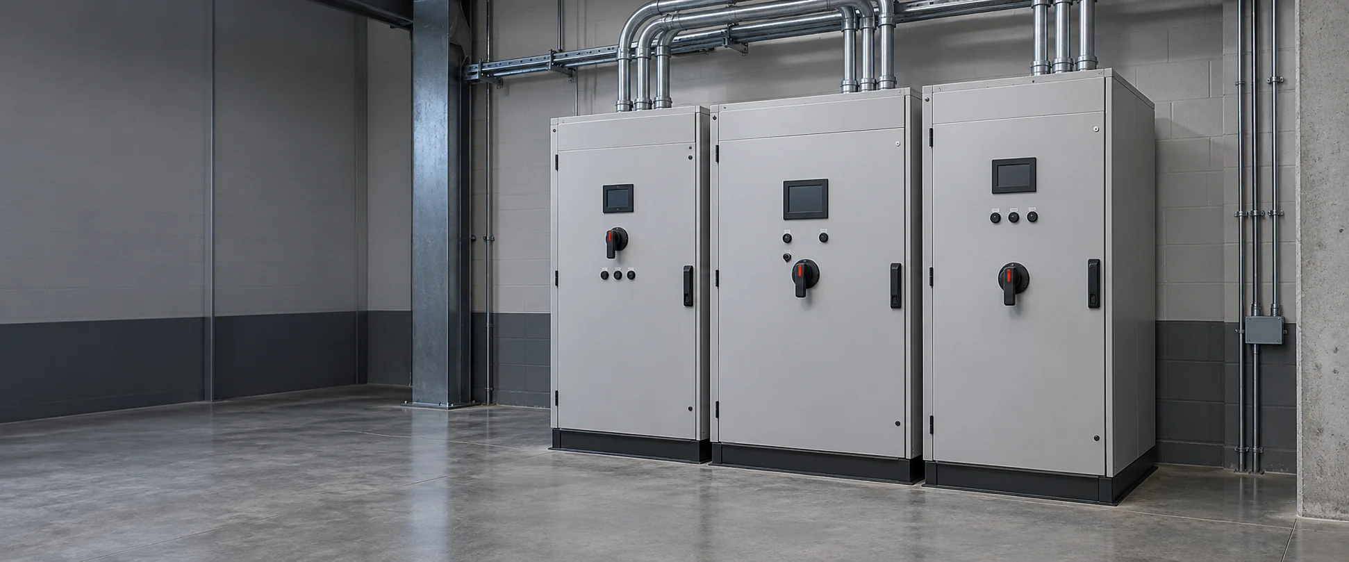 AI-generated illustration of coordinated distribution and transfer cabinets in a clean industrial electrical room.