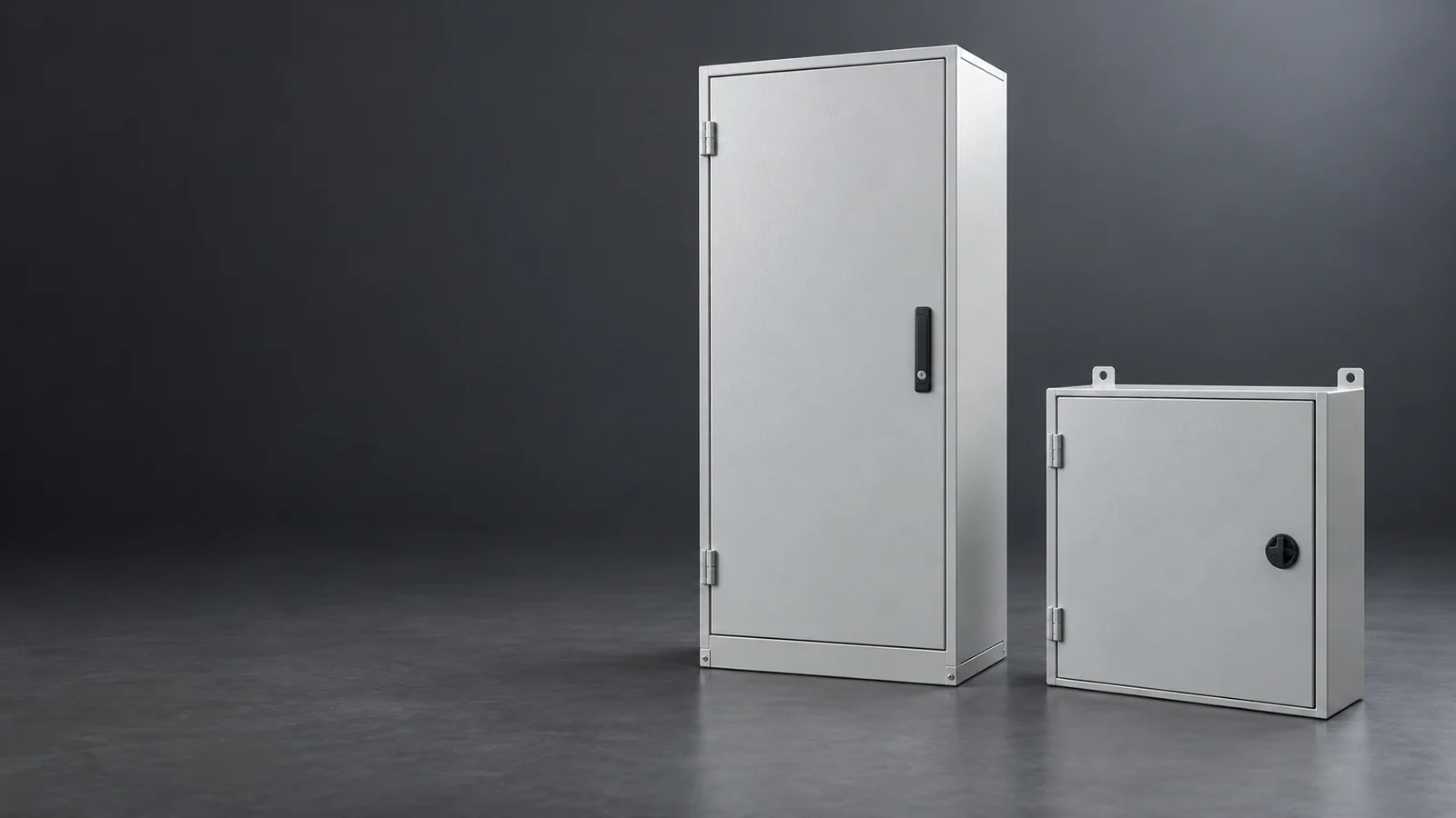 AI-generated illustration of a freestanding electrical enclosure and a smaller wall-mounted enclosure with closed doors.