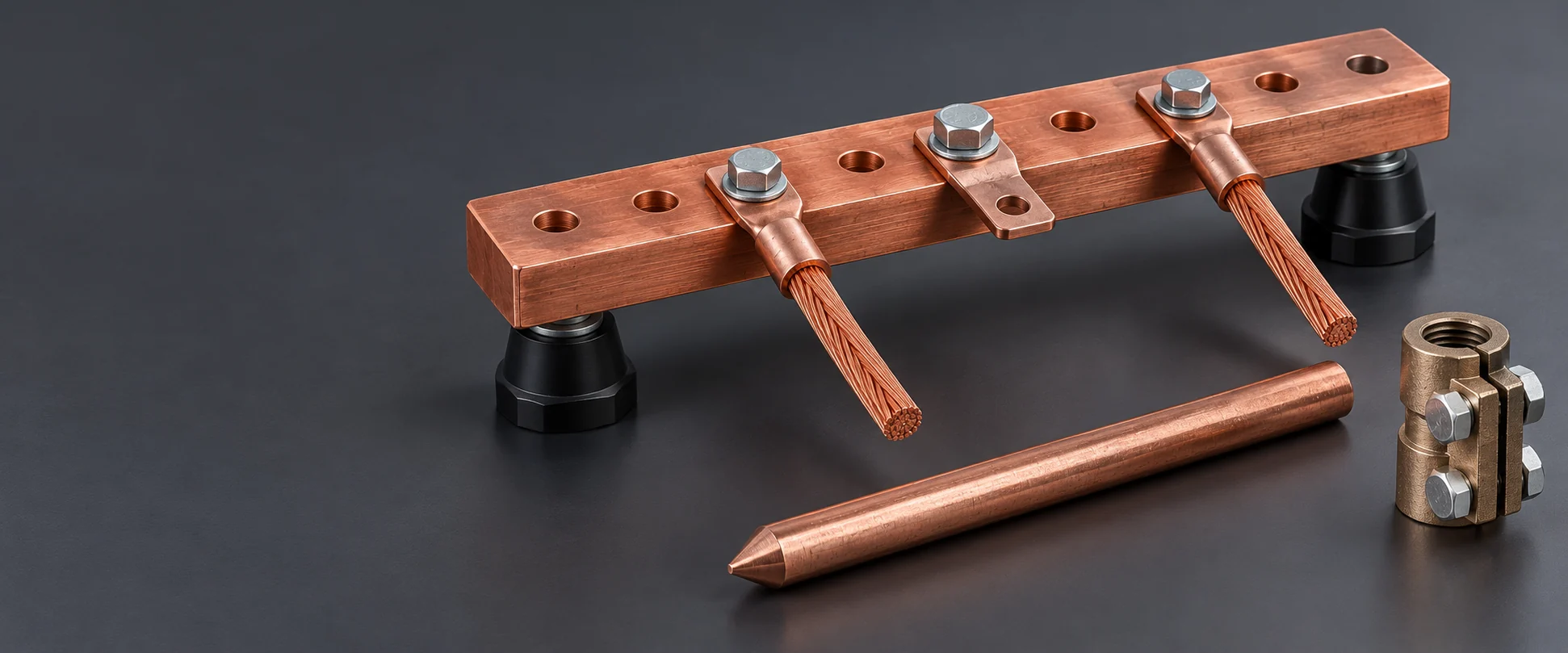 AI-generated illustration of a copper grounding bar on insulating supports with bolted cable lugs, a grounding rod and a connector.