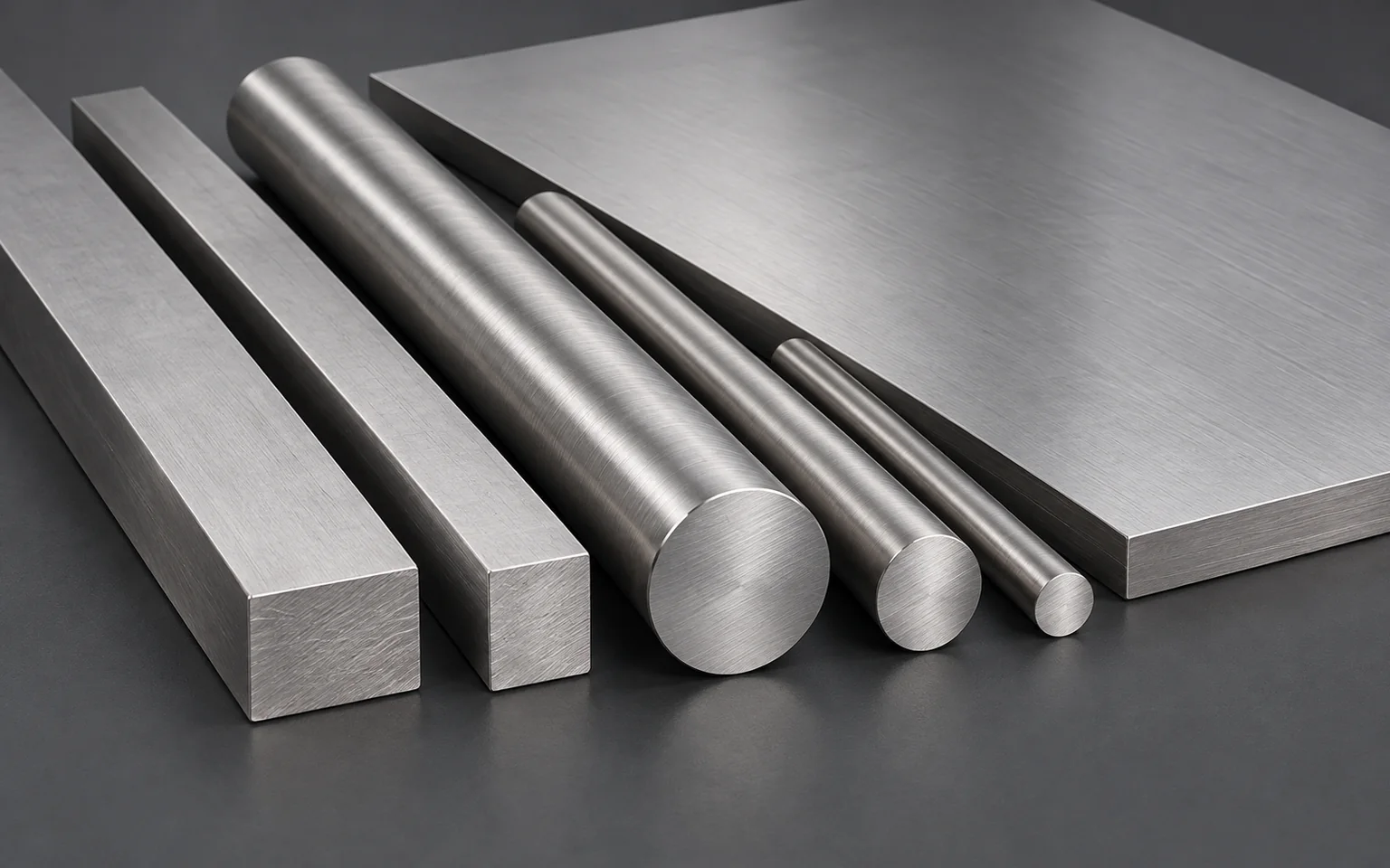 AI-generated illustration of silver-gray steel flat bars, round bars and plate on a neutral surface.
