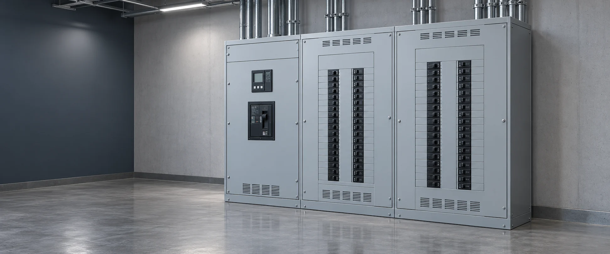 AI-generated illustration of a modern low-voltage switchboard with an orderly dead-front circuit-breaker arrangement.
